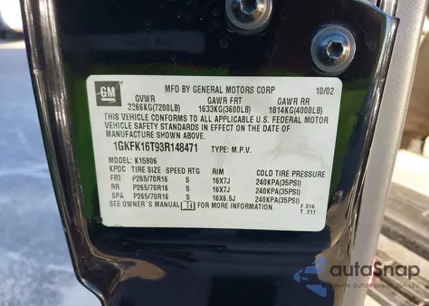 2003 GMC Yukon Xl 1500 Slt from USA, damaged, VIN 1GKFK16T93R148471